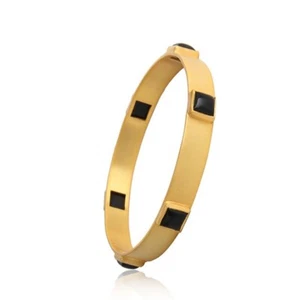 18k Gold Plated Thin Flat Bangle Bracelet Square Multi Stone Black Onyx Jewelry - Picture 1 of 6