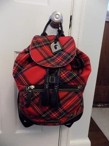 DOONEY & BOURKE Tartan Red Plaid Canvas Leather Trim Tassels pulls Backpack RARE - Picture 1 of 20