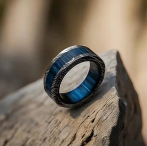 Damascus Steel Whiskey Barrel Blue Wood inlay wedding Ring, Damascus Steel Ring. - Picture 1 of 5