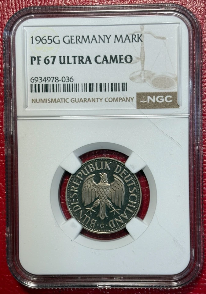 NGC PF67 ULTRA CAMEO 1965 G GERMANY MARK COIN- PROOF MINTAGE OF 1,200-MAY777 - Image 1 of 2