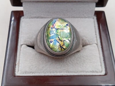 Sterling Silver Men's Ring w. Cabochon Dragon's Breath Glass Setting: Size 14.5 - Image 1 of 4