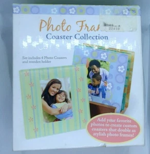 Glass Photo Frame Coasters with Wood Wooden Holder Storage Rack Set of 4 (NEW) - Picture 1 of 6