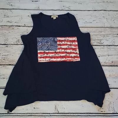 One World Blue Lace Paisley American Flag Flowy Cotton Blend Tank Top L - Image 1 of 4