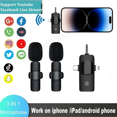 MARKENLOS Kabelloses Lavalier-Mikrofon Wireless Mini Steckmikrofon für Android iPhone 3in1