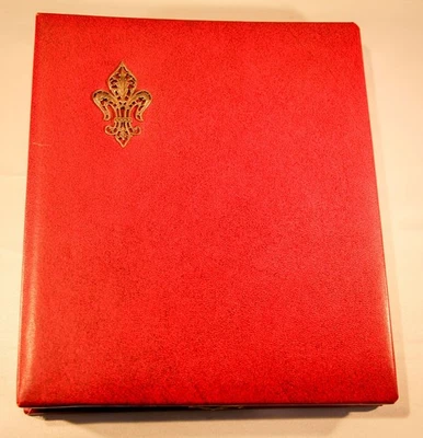 Vintage 12 page Photo curio Fleur-de-lis Red Album clear mylar sleeves board pag - Image 1 of 4