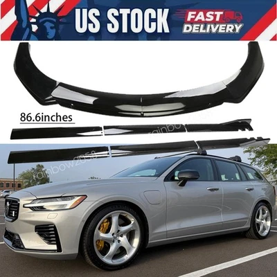 GlossBlack Front Bumper Spoiler Lip+Side Skirts 86.6"/2.2m For 2025 Volvo V60 T8 Foto 1 de 4