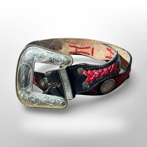 Western Cowboy Black Leather Belt Red Stitching Silver Buckle Women - Picture 1 of 4