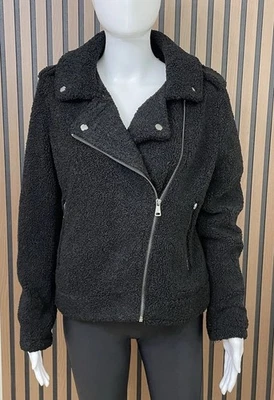 Max Studio Mujer L Chaqueta Negra Poliéster Motociclista Sherpa Moto Clásica Exterior Foto 1 de 4