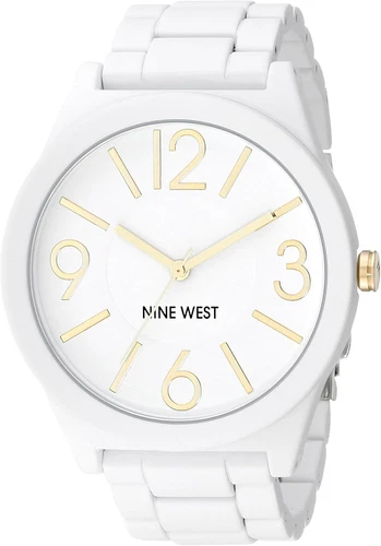Nine West Womens 1678wtwt Matte White Rubberized Bracelet Watch Gold