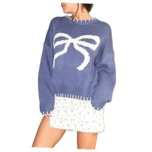 Women Y2K Printed Pullover Sweater Top Cute Graphic Long Sleeve Small White Bow - Picture 1 of 8