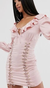 MISSGUIDED Pink Satin Ruffle Neck Hook Eye Mini Bodycon Dress Size 10 Petite NWT - Picture 1 of 7