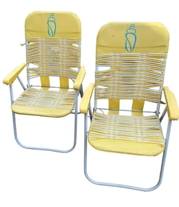 Vtg Folding Tube Plastic Chairs Yellow Set of 2 Retro Aluminum Lawn - Picture 1 of 7