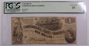 1862 $1 Confederate States of America T-44 PCGS Currency VG 10 - Picture 1 of 2
