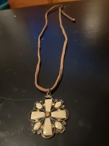 Copper Tone Yellow & Amber Crystal Flower Brown Faux Leather Choker Necklace 17” - Picture 1 of 4