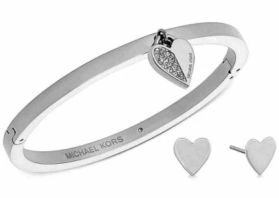 NEW MICHAEL KORS SILVER-TONE PAVE' HINGED HEART BRACELET EARRING MSRP $115.00   - Image 1 of 4