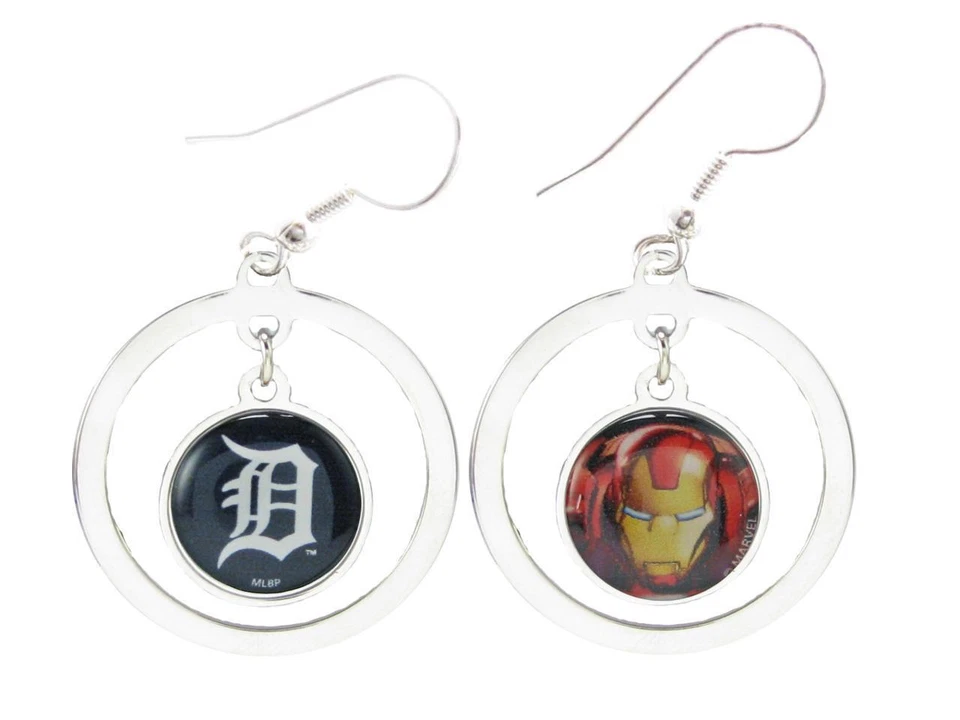 Detroit Tigers Iron Man Two Sided Silver Hoop Wire Earrings Marvel MLB Jewelry - Image 1 of 1