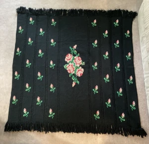 Vintage Hand Crocheted Black Afghan W/ Pink Flowers 58"x57" Fringe - Picture 1 of 6