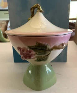 Hull Art Pottery Tokay Covered Candy Dish Pink/Green Berries 8.5” Rare Pink Base - Picture 1 of 5