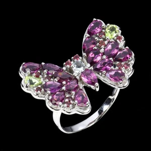 925 Sterling Silver Ring Pear Rhodolite Garnet Aquamarine Gemstone Jewelry - Picture 1 of 14