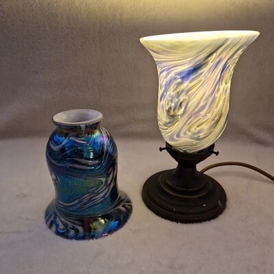Heron Glass. Pair Of 2 Blue/white Lampshades.  12cm Diameter,  14cm High - Image 1 of 3