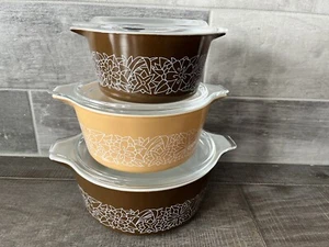 Vintage Pyrex The Woodlands Casserole Bowls (Set 3)473, 474, 475 With Lid - Picture 1 of 11