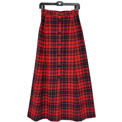 Pendleton Red/Black/Blue/Green Plaid Wool Button Front Maxi Skirt Size 10 VTG - Image 1 of 4