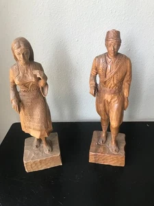 Man & Woman Figurine Statues Hand Carved Wood Detailed Art 12” Vintage - Picture 1 of 13