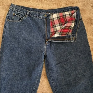 Guide Gear Mens Red Plaid Flannel Lined Denim Blue Jeans Size 44x30 - Picture 1 of 12