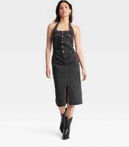 Universal Thread Denim Halter Midi Dress Women’s Black Front Slit Pockets Sz 12 - Picture 1 of 3