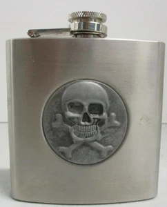 6 oz Stainless Steel Flask with Raised Skull & Crossbones, Possibly Vietnam Era - Picture 1 of 5