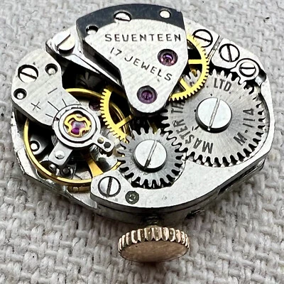 BULOVA MASTER TIME M-114 SWISS WATCH MOVEMENT 17J Parts Repair 17 Jewel #X65 - Image 1 of 4