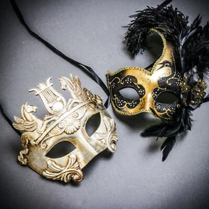 Silver Venetian Warrior Pegasus & Gold Black Side Feather Glitter Couple Masks - Picture 1 of 1