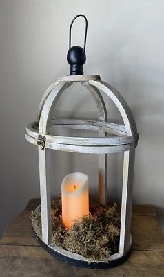 Rustic Farmhouse Lantern Candle Holder Oval White Washed Wood Indoor Decor 20" - Image 1 of 4