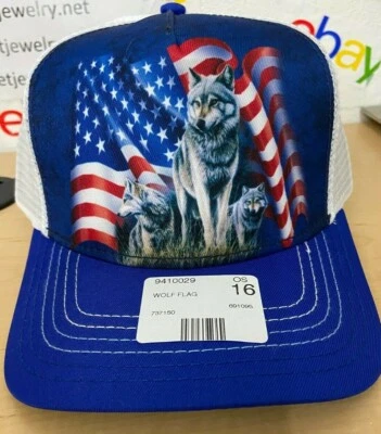 The Mountain WOLF FLAG Patriotic TRUCKER Cap HAT Adjustable Fit NWT - Image 1 of 4