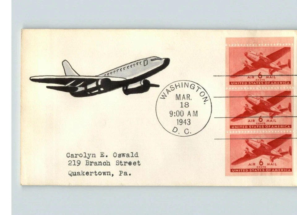 Hand Painted C-25a Booklet Pane Airmail, 1943 First Day of Issue # 1 of 1 - Image 1 of 1