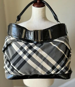 BURBERRY Beat CHECK Nylon w Black Patent Leather Trim Shoulder Bag, Hobo, Tote - Picture 1 of 24
