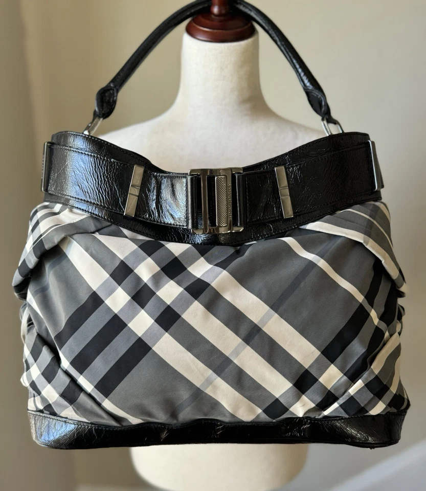 BURBERRY Beat CHECK Nylon w Black Patent Leather Trim Shoulder Bag, Hobo, Tote - Image 1 of 4