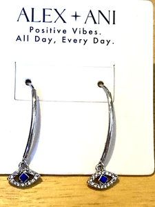 Alex and Ani Blue Evil Eye Charm Threader Drop/Dangle Earrings NWT Silver-Tone - Picture 1 of 15