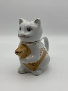 Porzellan Keramik Teekanne Chinesisch Orange Blumen Katze mit Koi Gold Fisch 5" - Bild 1 von 9