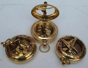 LOT OF 3 COLLECTIBLE POCKET COMPASS VINTAGE MARITIME BRASS PUSH BUTTON SUNDIAL - Picture 1 of 7