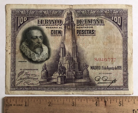 1928 Spain 100 Pesetas Banknote Cover