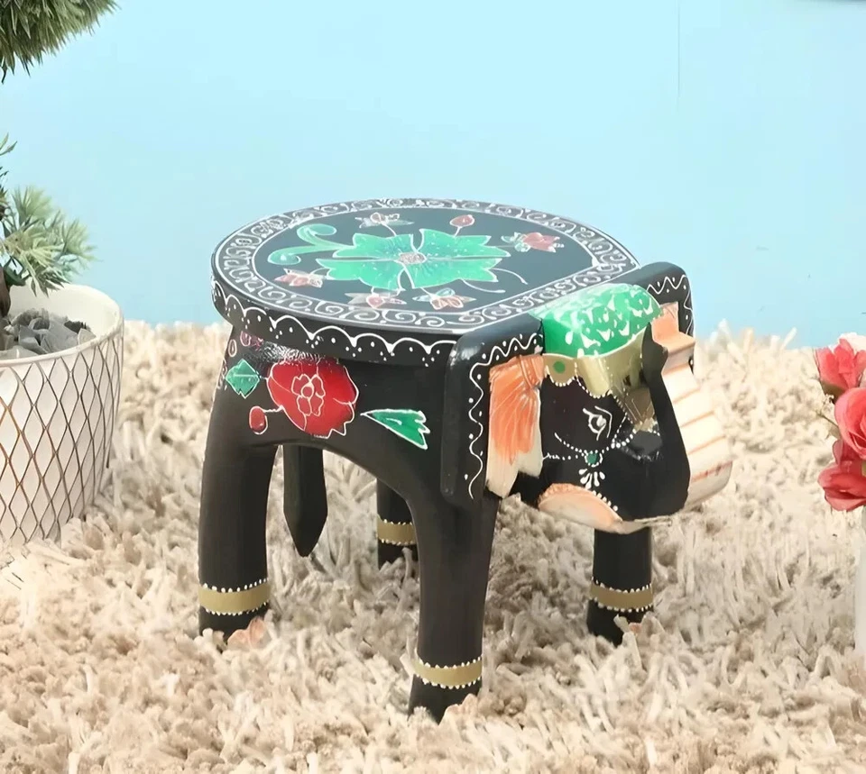 Indian Handmade Wooden Elephant Shape Black Multi Decor Side Table Statue Table - Image 1 of 4