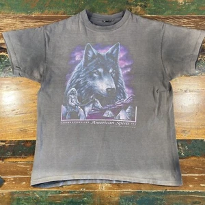 Vtg 3D Emblem Shirt Mens L Epic Fade Distressed American Spirit 90s 1993 Wolf - Picture 1 of 15