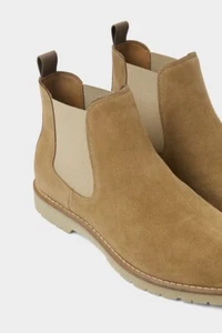 ¡NUEVO! Botas al tobillo de cuero de gamuza dividida para hombre talla 14 (47) beige Chelsea sin cordones - Imagen 1 de 9