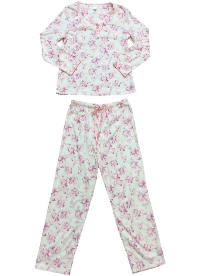 Conjunto de pijama de vellón floral blanco y rosa para mujer difuso de 3/4 botones para dormir Foto 1 de 1