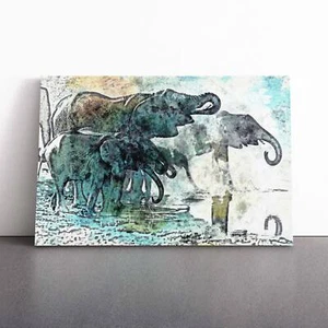 Elephants At The Waterhole In Abstract Animal Canvas Wall Art Print Framed - Picture 1 of 7