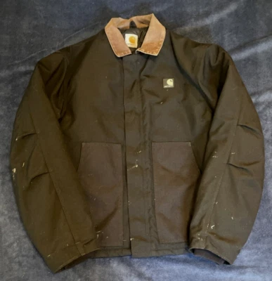 Carhartt Jacket Mens L/XL Black Quilted Lining Leather Logo Paint Splatter READ - Image 1 of 4
