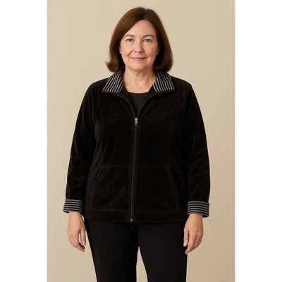 Charter Club Woman Black Velour Jacket  Zipper Pockets Striped Trim Plus 1X - Image 1 of 4