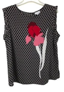 Liz Claiborne Black White Diamond Pattern w/ Bold Red Floral Print Womens Size L - Picture 1 of 9