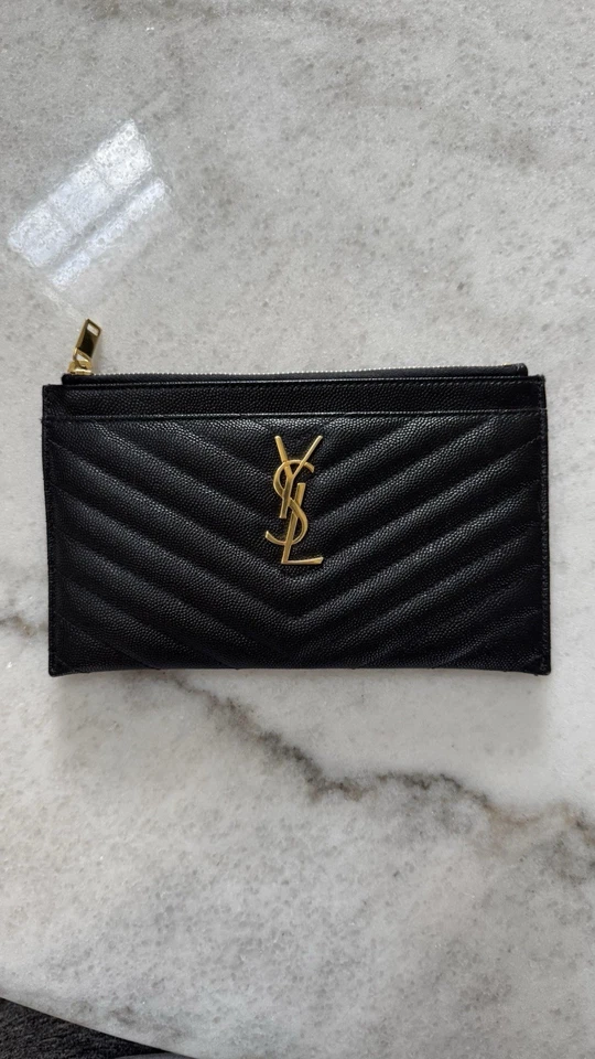 YSL Saint Laurent Monogram Small Ziptop Bill Pouch in Grained Leather in Nior - Image 1 of 4